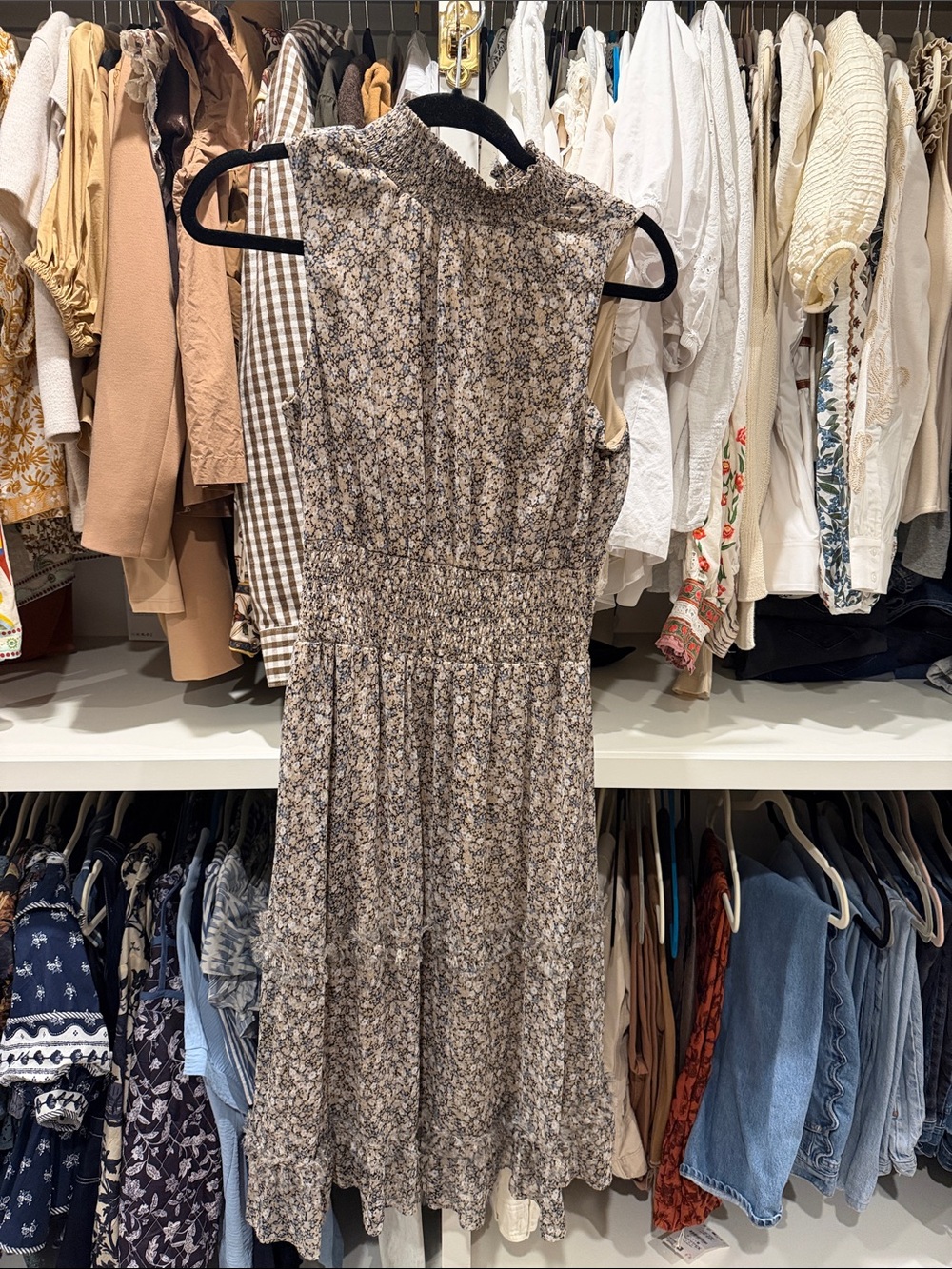 1. State Beige Floral Smocked Midi Dress